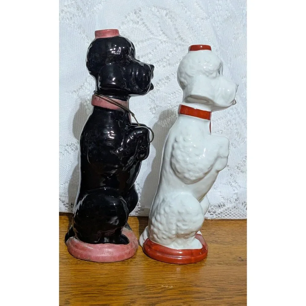 Vintage Garnier France Poodle Decanters Pair Black White Mid Century Barware